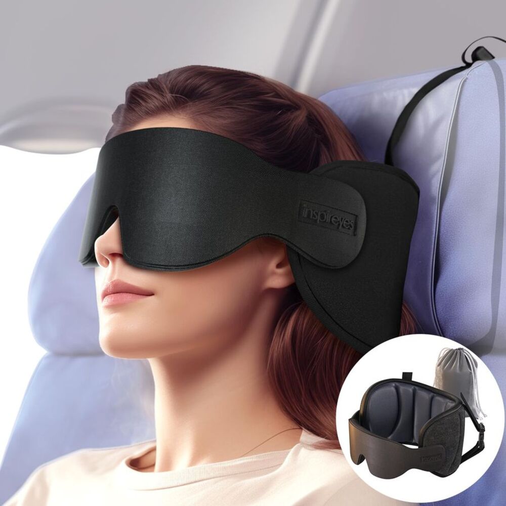 Inspireyes Travel Pillow for Airplanes 360° Head Support with 3D Eye Mask Black